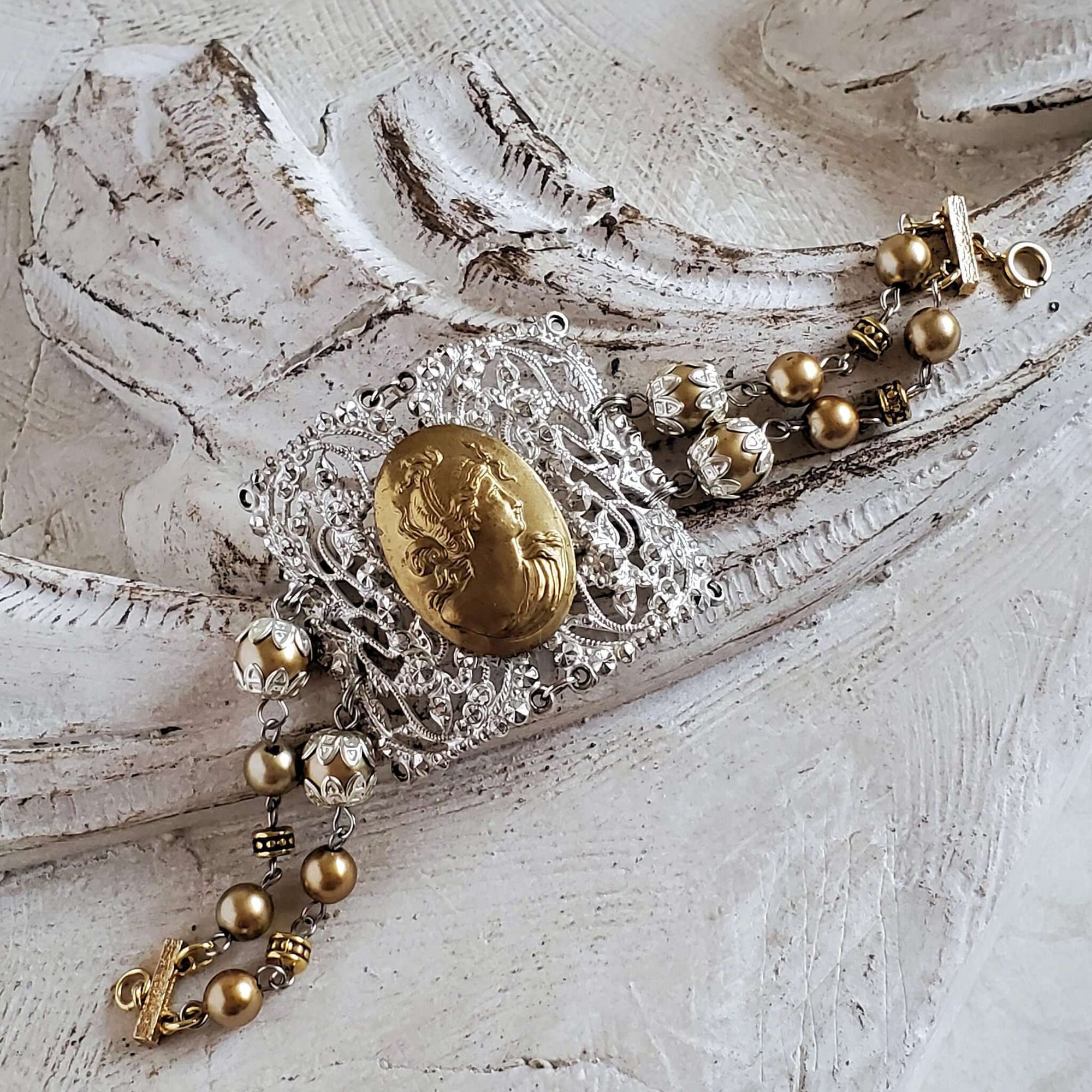 Vintage Assemblage Bracelet with Antique Buckle , Vintage Cameo and Vintage Beads
