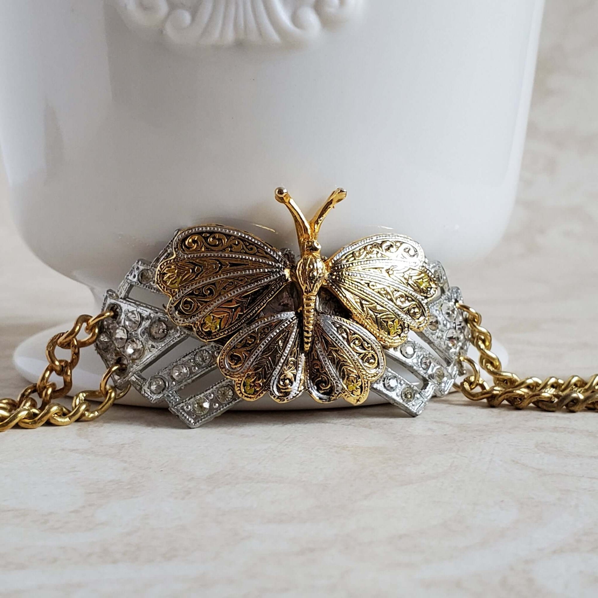 Art Deco Cuff Bracelet with Butterfly Pendant