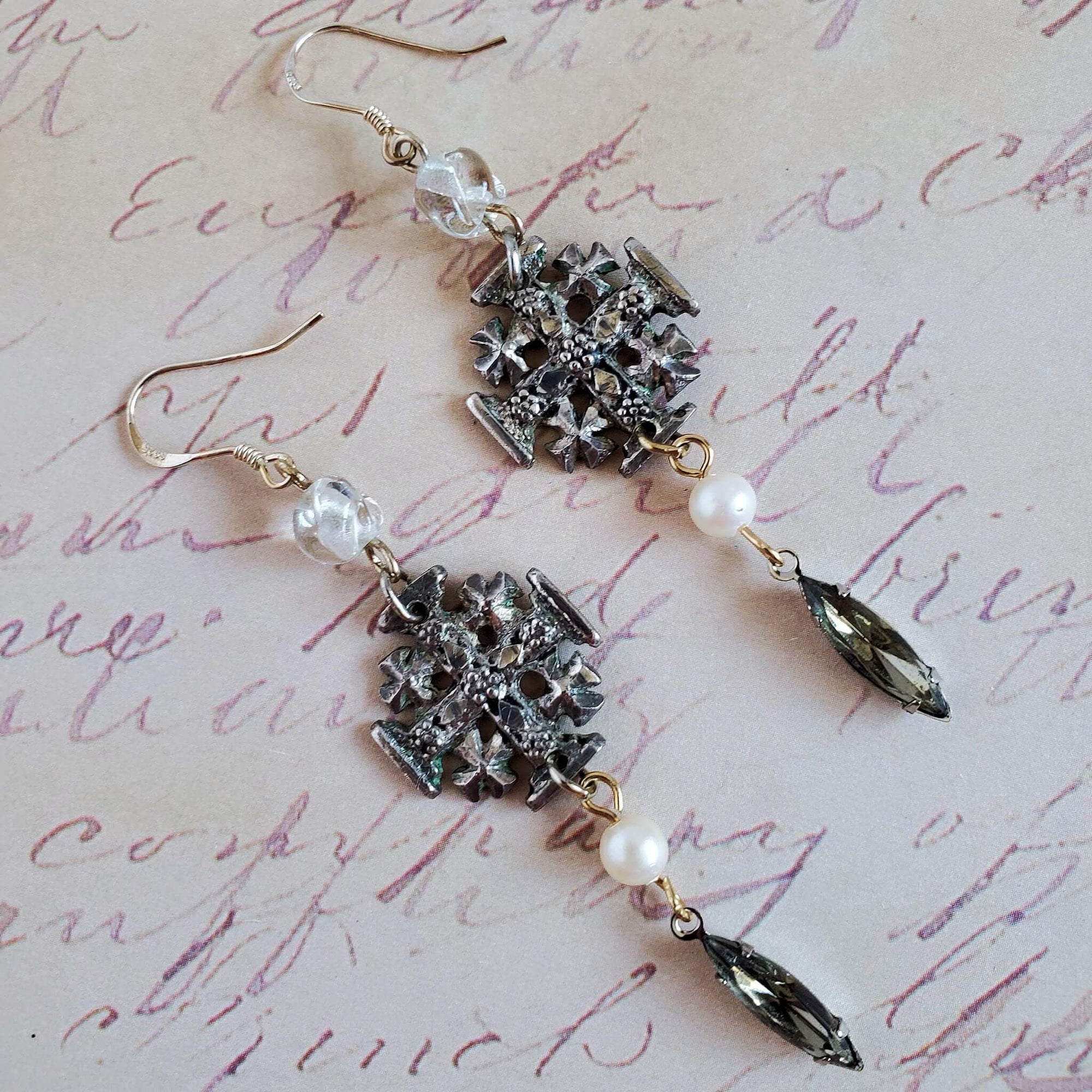 Vintage Maltese Cross Earrings with Vintage Beads and Smoky Crystal Gemstone