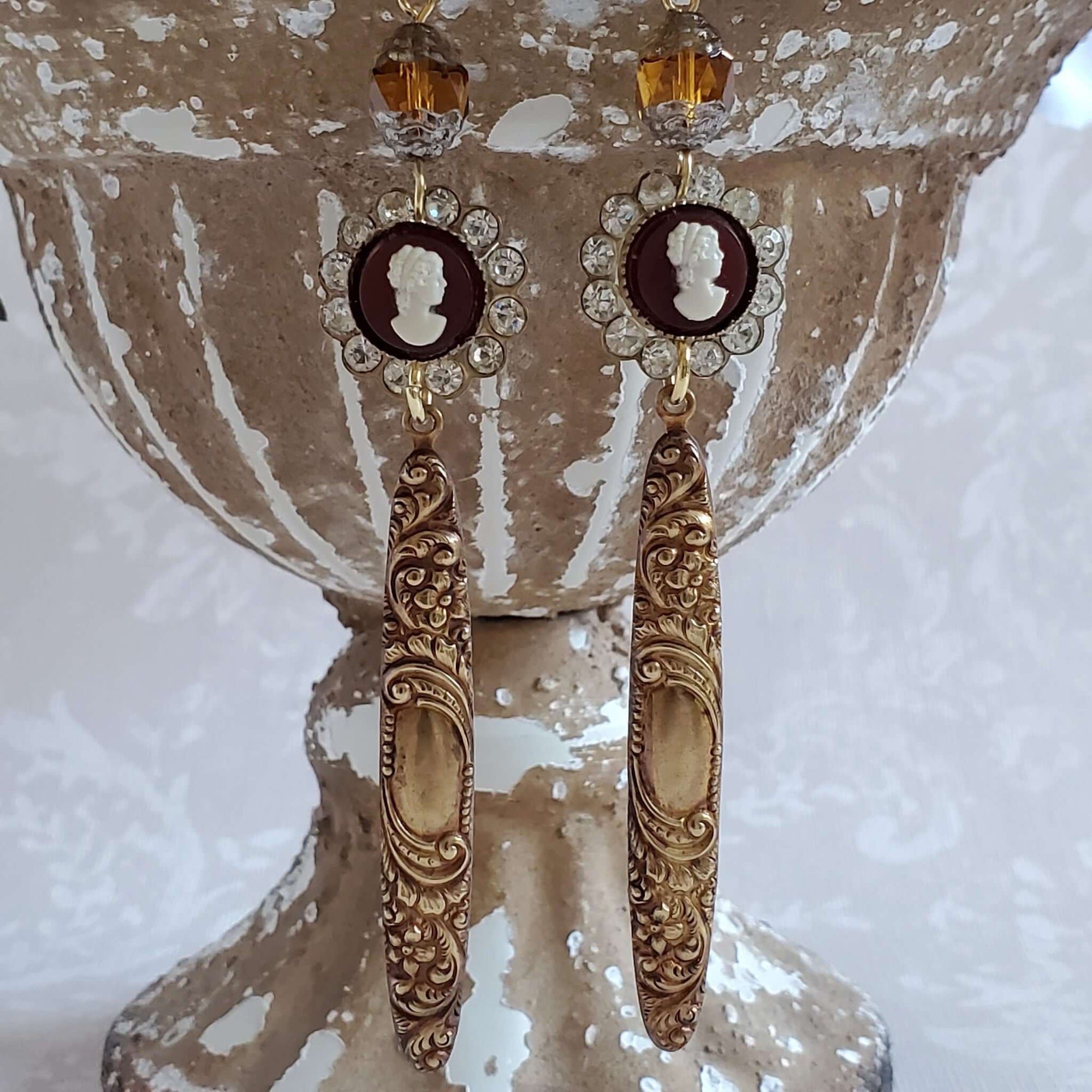 Vintage Cameo Earrings with Linear Brass Drops
