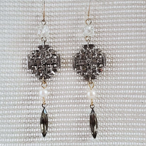 Vintage Maltese Cross Earrings with Crystal Gemstone Drops