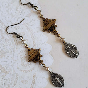Vintage Art Deco Inspired Earrings with Sacred Medallion Drops