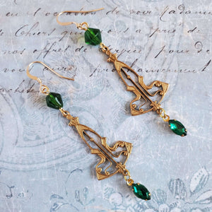 Art Nouveau Style Brass Earrings with Green Bead and Crystal Gemstone Drop