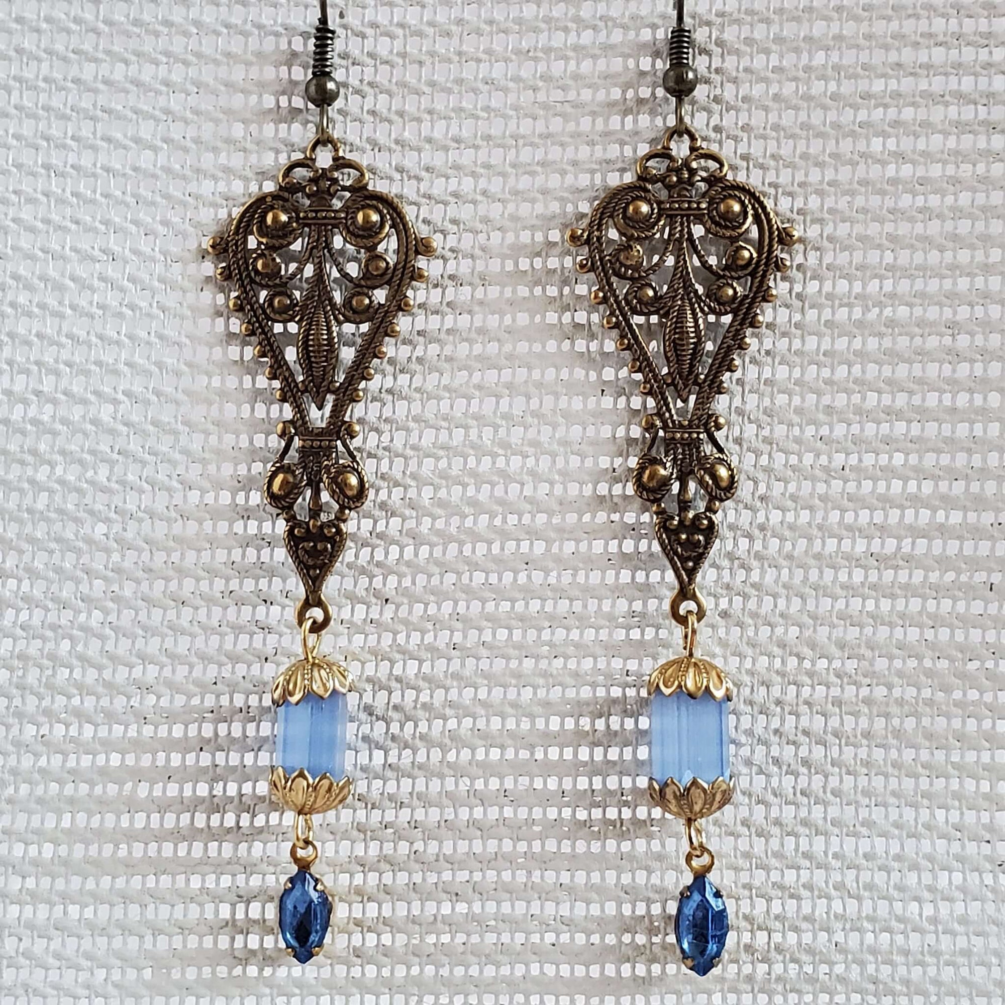 Vintage Filigree Earrings with Blue Crystal Gemstone Drop