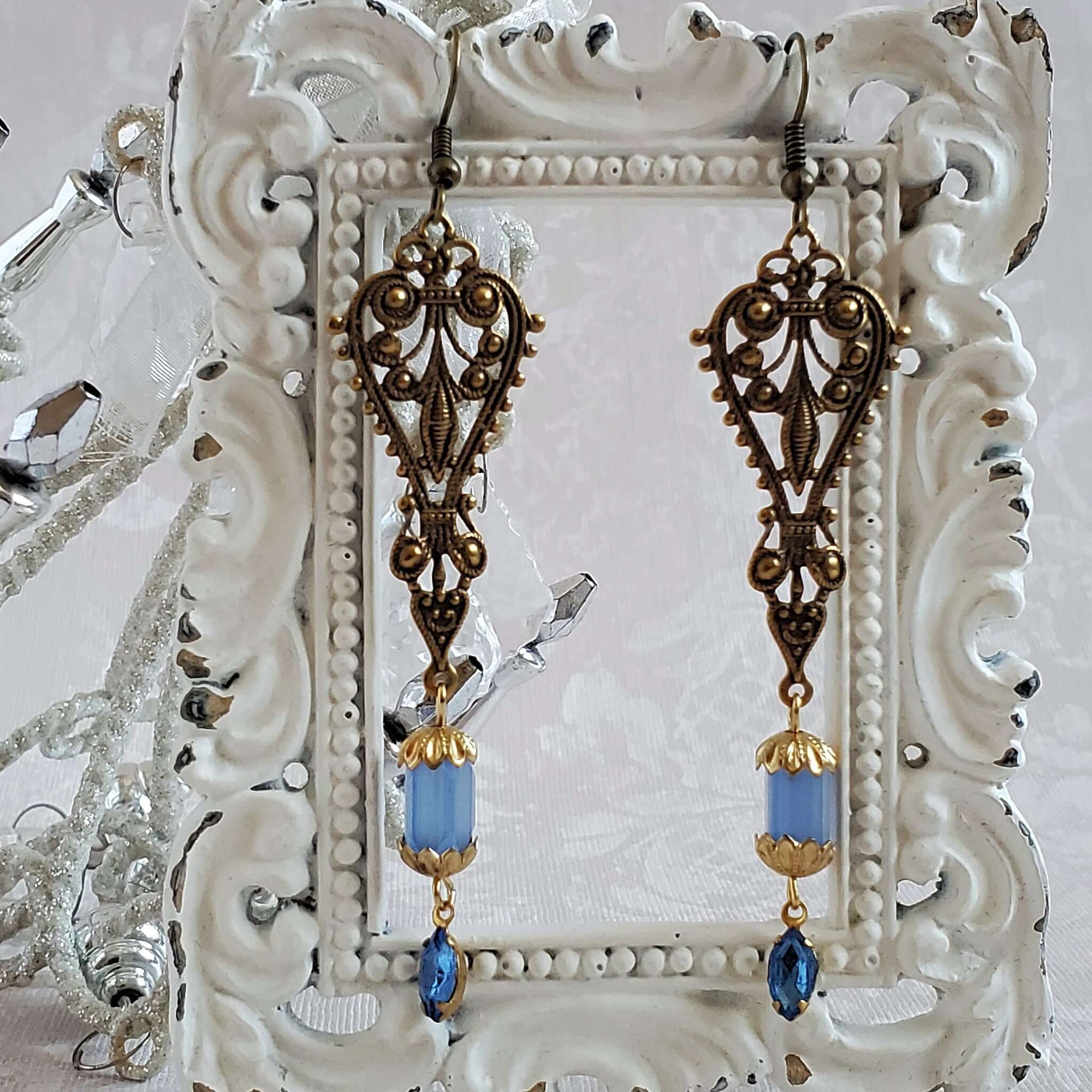 Victorian Inspired Filigree Earrings with Blue Glass Bead and Gemstone Drop