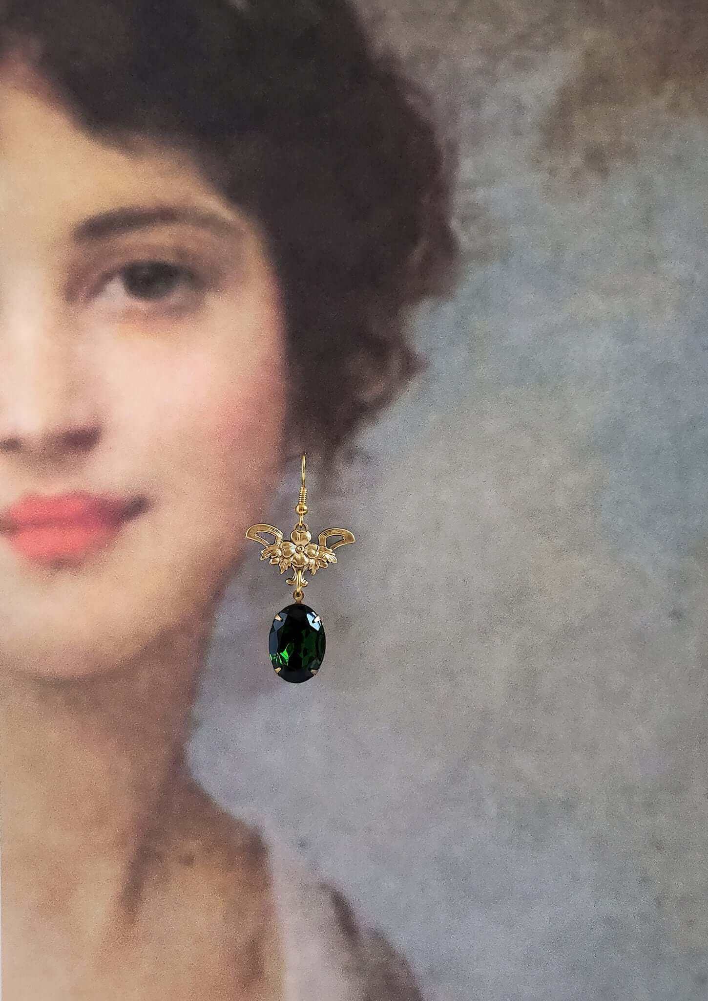 Victorian Style Green Crystal Drop Earrings