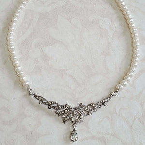 Repurposed Vintage Pearl Necklace with Crystal Pendant