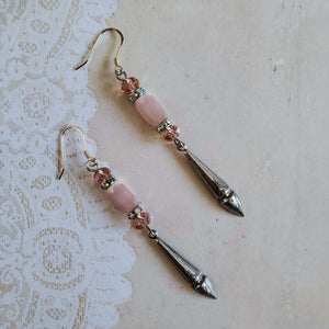 Vintage Pink Atlas Glass Earrings with Vintage Silver Drops