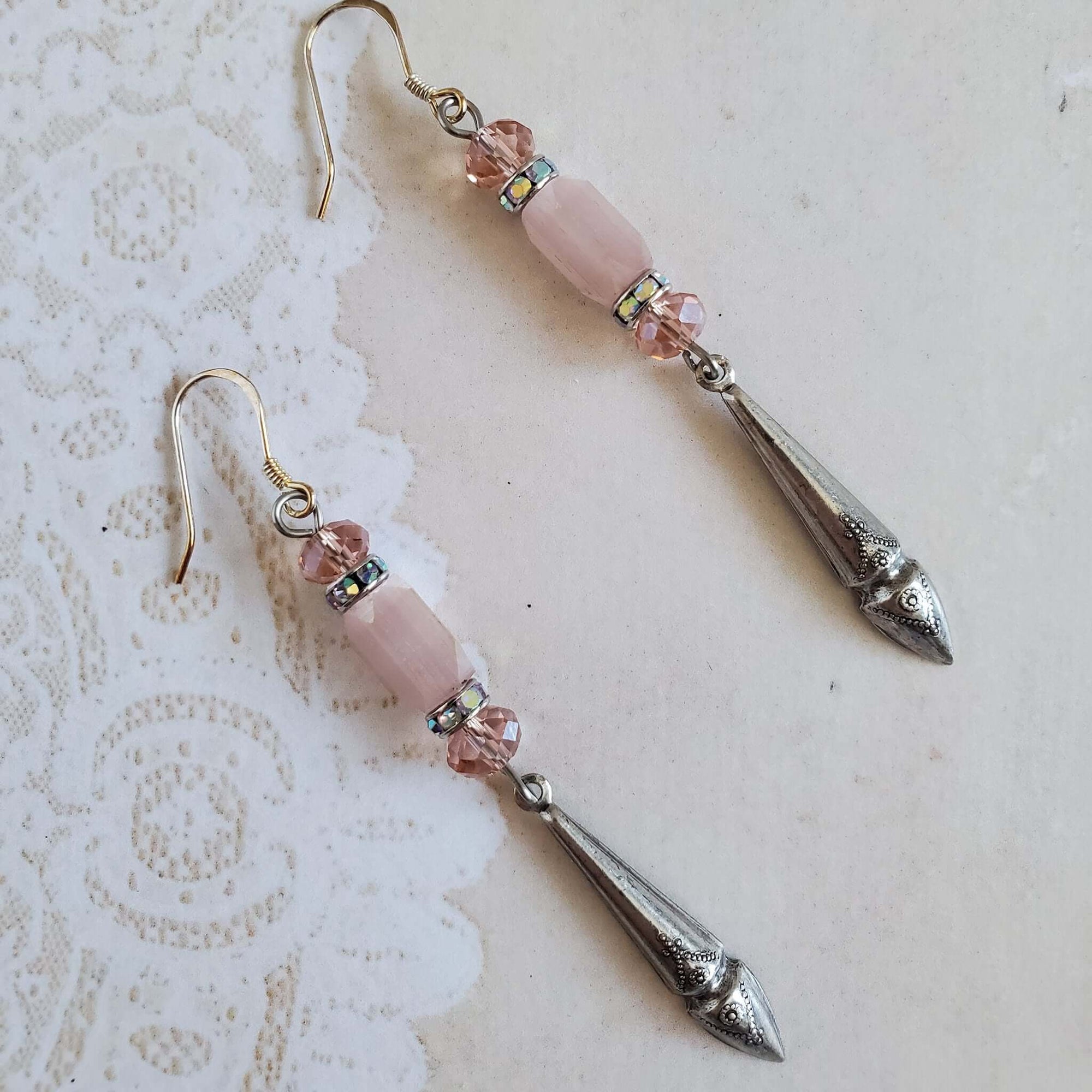 Pink Pierced Earrings with Silver Engraved Drops