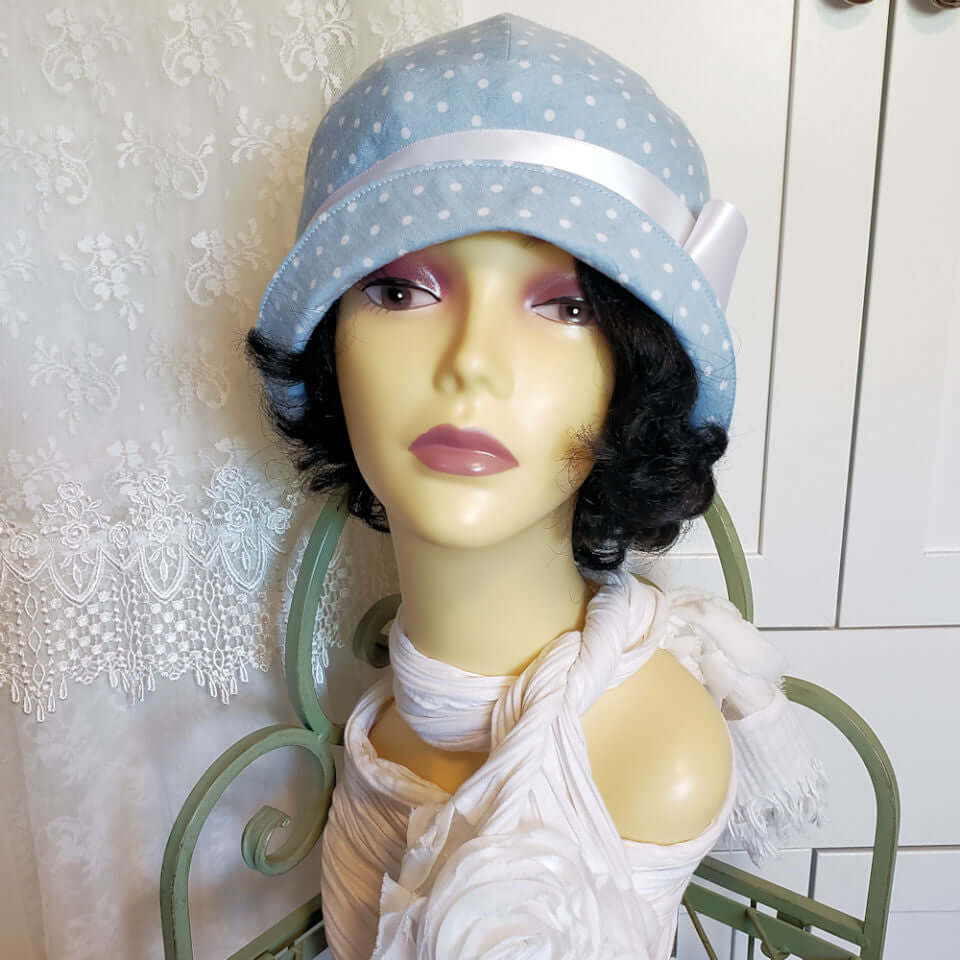 Light Blue and White Polka Dot Cloche with White Satin Ribbon and Bow
