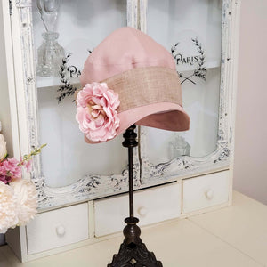 Pink Linen Cloche with Tan Ribbon and Floral Detail