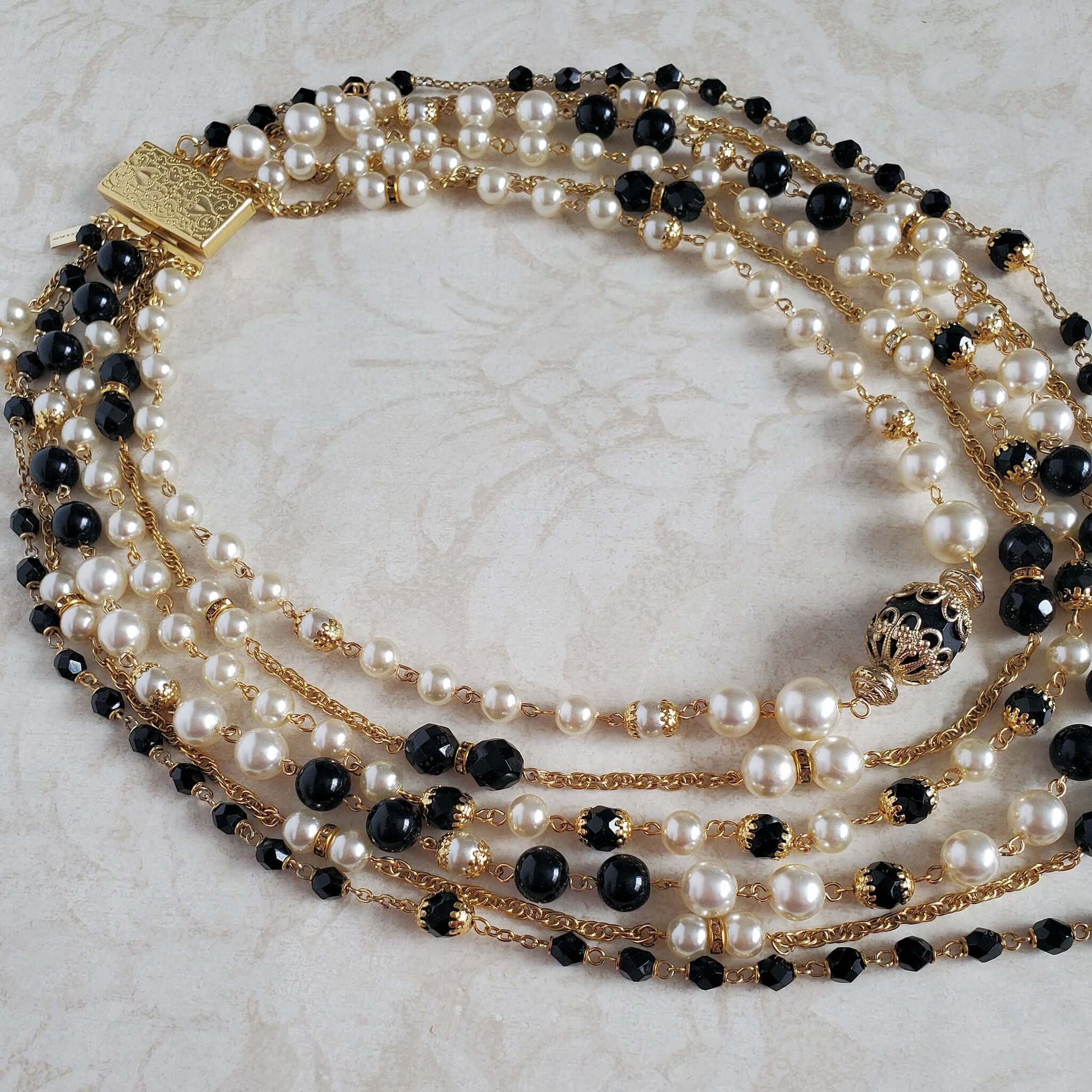 Vintage Pearls , Black Beads and Gold Chain
